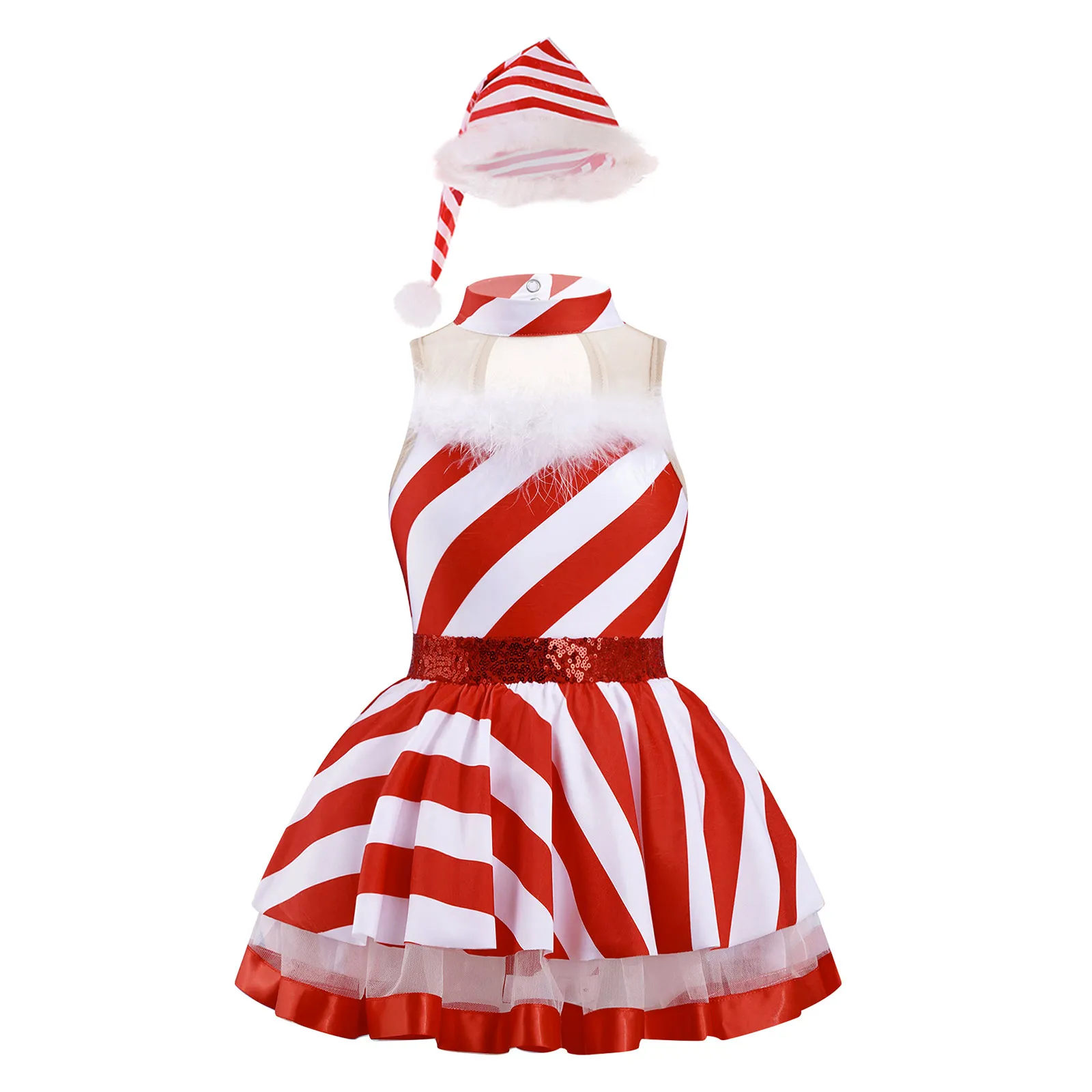 

2023 Kids Girls Christmas Set Sleeveless Mock Neck Striped Patchwork Tutu Leotard Dress with Hat for Festival Party Gathering