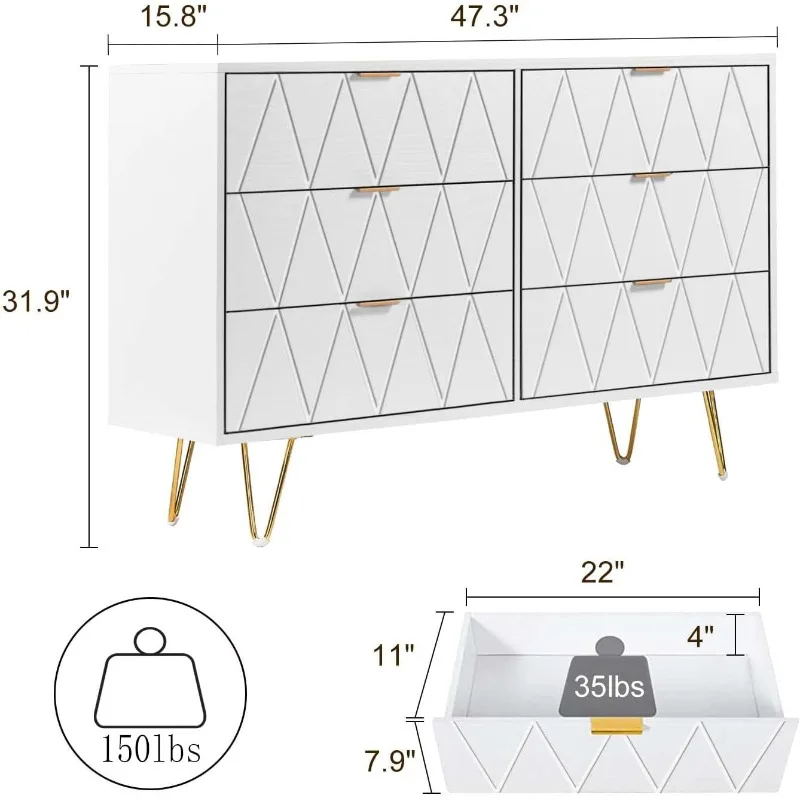 

Catrimown White 6 Drawer Dresser for Bedroom, White and Gold Dressers & Chest of Drawers, Modern White Dresser with Gold Handles