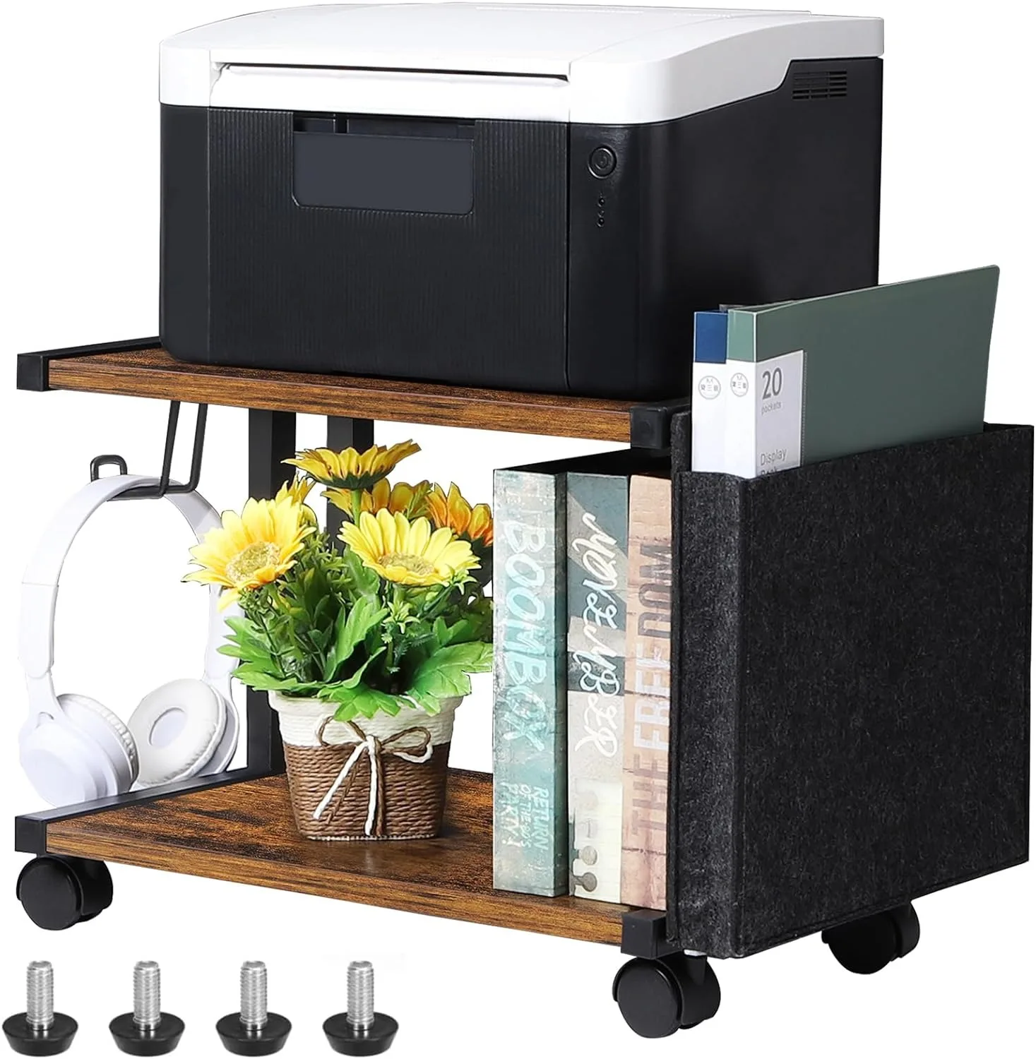 Printer Stand with Storage Bag Under Desk Printer Table on Wheels 2 Tier Small Desktop Rolling Stand Shelf  (Brown) 6
