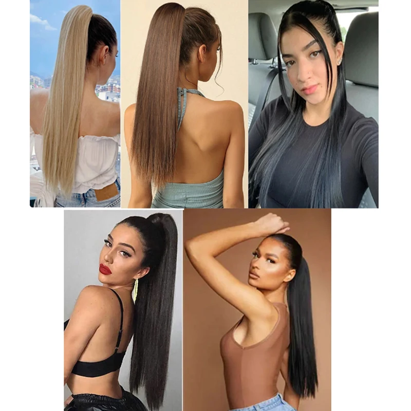 Synthetic 24Inch  Claw Clip On Long Straight Ponytail Natural Soft Hair Extension Black Brown for Women Use