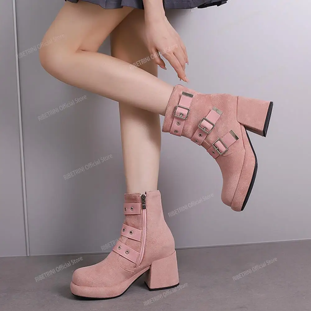 

RIBETRINI Platform Wedges Chelsea Boots For Women High Chunky Heeled Ankle Buckle Fashion Faux Suede Autumn Winter Lady Booties