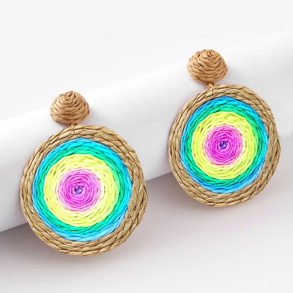 C Shaped Round Rattan Raffia Straw Wrapped Hoop Drop Dangle Earrings...