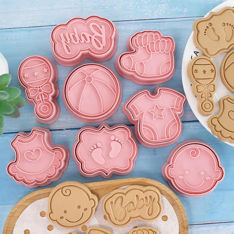 Cookie Cutter 8Pcs Baby Theme Cartoon Embosser 3D Baby Shower Rattles Ball Clothes Feet Skirt Socks Biscuit Mould Cake Tools