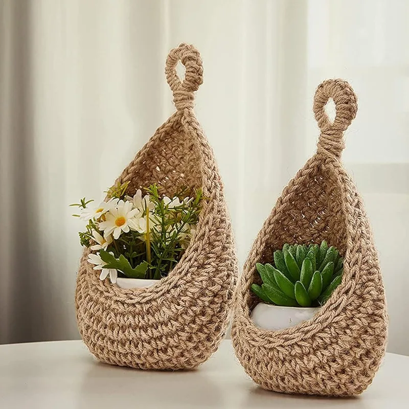 A Space Saving Vegetable, Potato, Onion, and Garlic Weaving Storage Organizer with A Hanging Fruit Basket  Teardrop Shaped Wall
