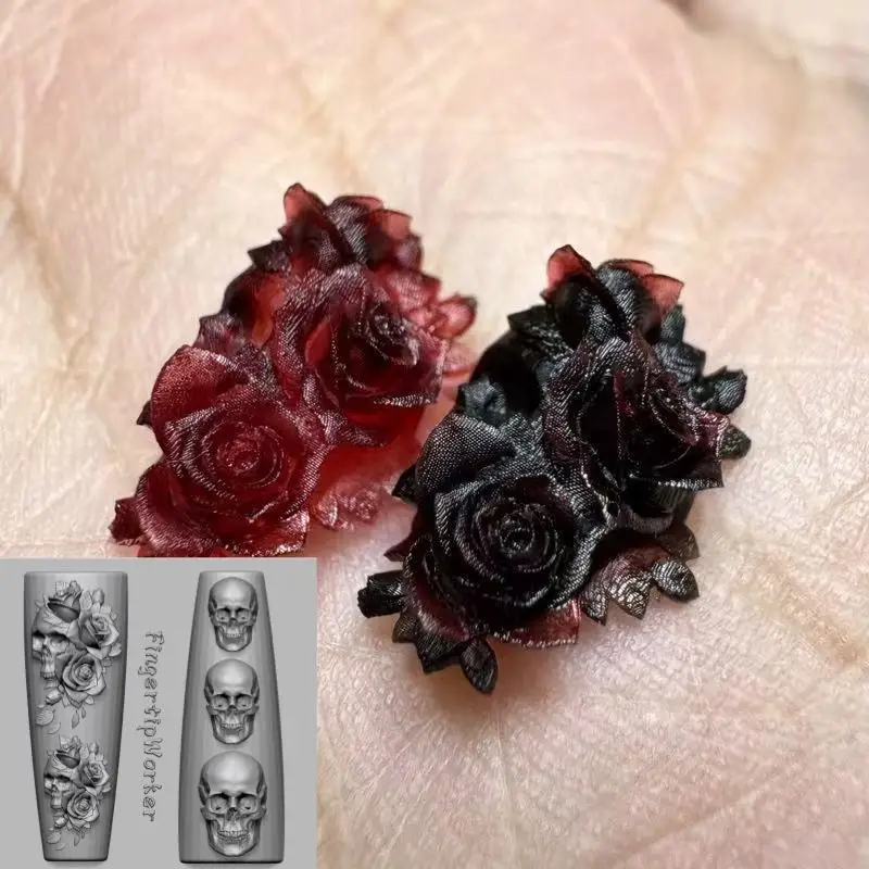 네일 아트 몰드 장미 꽃 해골 실리콘 DIY 해골 손 디자인 투명 조각 몰드 장식