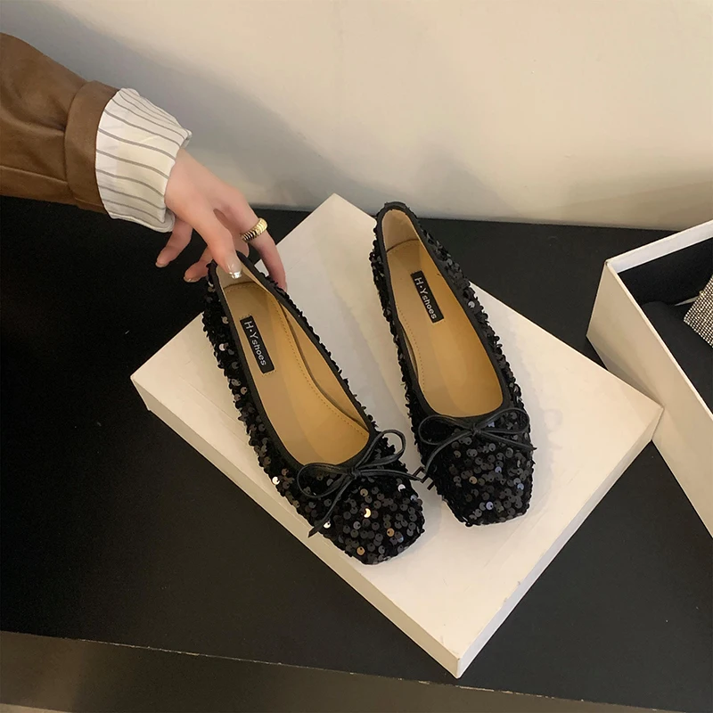ZOOKERLIN Vintage Bow Rhinestone Sequins Flats Shoes For Women Elegant Dress Ballet Mary Jane Women's Pumps Slip On Summer Solid