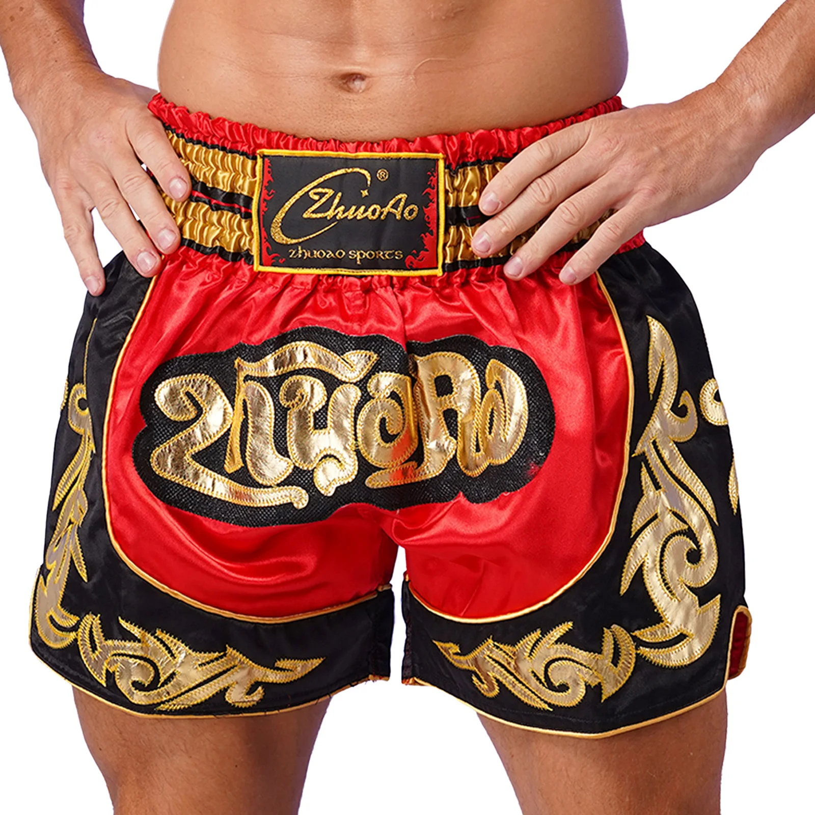 Mens Drawstring Hand-Embroidered Totem Kickboxing Shorts Martial Arts Training Shorts Elastic Ruched Muay Thai Club Shorts