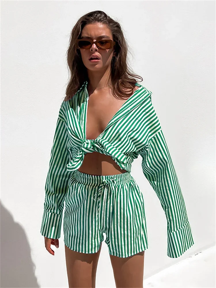 Wmstar Women Two Piece Set Summer Fashion Commuter Casual Striped Long Sleeve Side Split Shirt Shorts Lady Outfits Tracksuit
