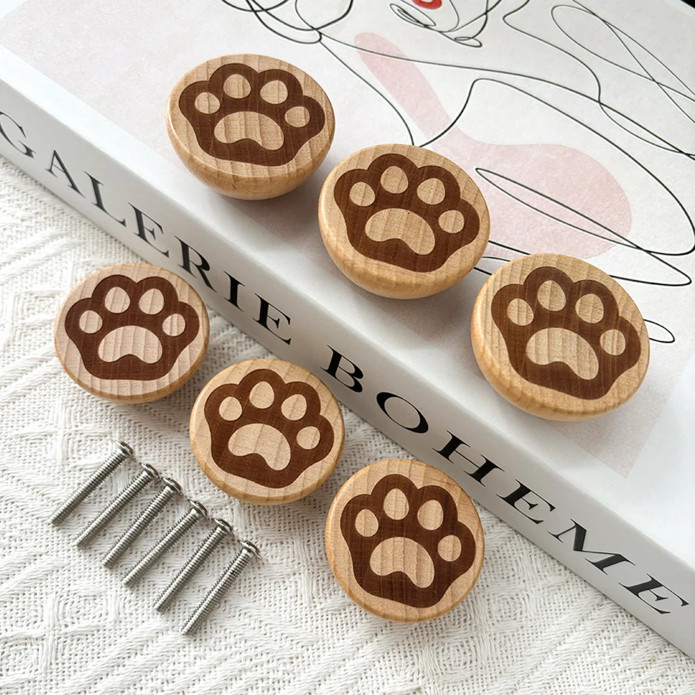 6Pcs Beech Wood Engraved Cute Cats Paw Bowl Shaped Dresser Knob Kitchen Cabinet pulls Single Hole Drawer Knobs Furniture Handle