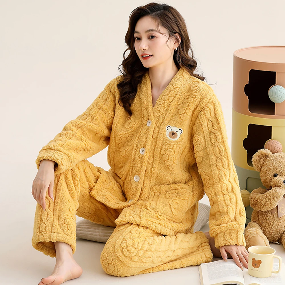 Winter Thicken Flannel Warm Women's Pajamas Set Fairy Jacquard V-neck Sleepwear Little Bear Embroidery Pajama Soft Home Clothes