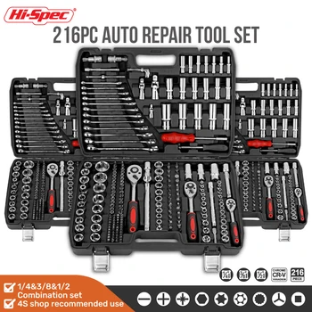 46, 74, or 216 piece socket wrench set with ratchet wrenches, designed for mechanical and automotive repairs, offering a complete combination tool kit for versatile use.