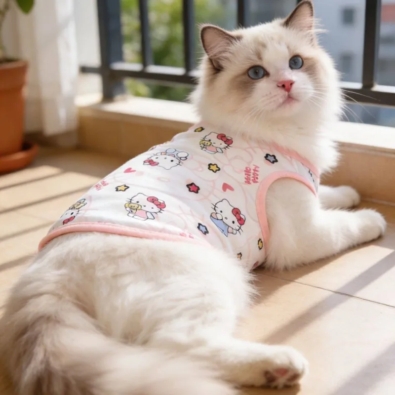 산리오 헬로 키티 귀여운 고양이 강아지 탱크탑, 가볍고 통기성 좋은 면 소재 공주풍 봄 여름 소형 반려동물용 민소매 셔츠
