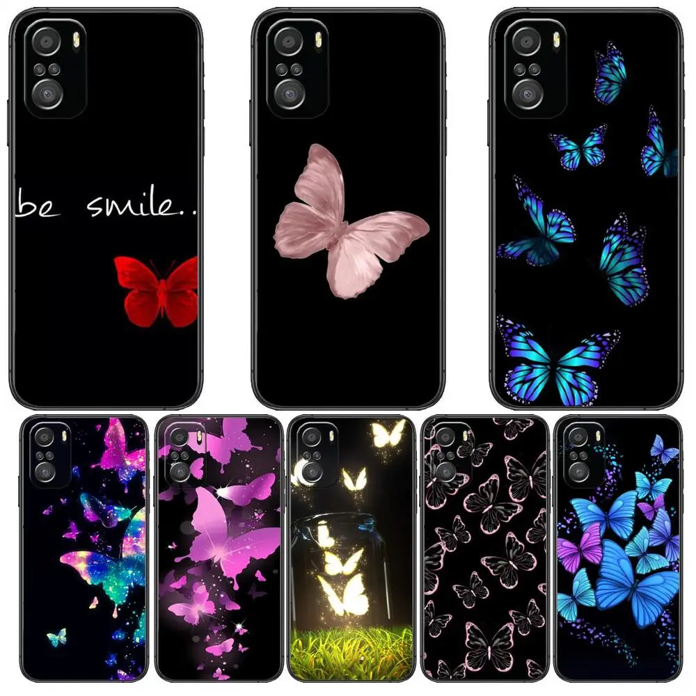 

Beauty Pink Butterfly For Xiaomi Redmi Note 10S 10 9T 9S 9 8T 8 7S 7 6 5A 5 Pro Max Soft Black Phone Case