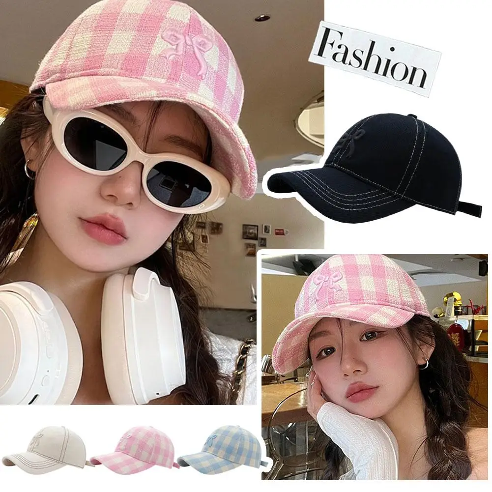 Korean Sweet Bowknot Embroidery Baseball Caps Women Girl Cute Pink Hat Outdoor Sun Visor Hats Adjustable Plaid Sunscreen Cap
