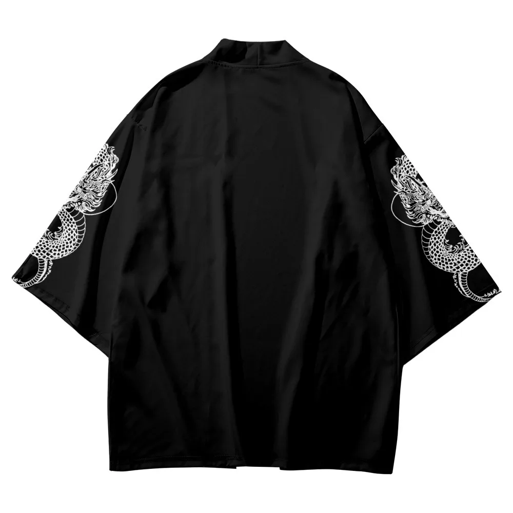 Street Wear Samurai Asian Clothing Japanese Style Sleeve Dragon Print Traditional Kimono Men Yukata Cardigan Black Cosplay Haori