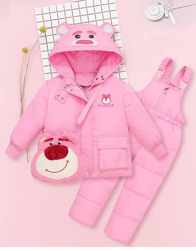 2025 Winter Kinder Mädchen 2 stücke Kleidung Set Cartoon Bär Mit Kapuze Unten Jacke Für Mädchen Kleinkind Mädchen Overalls Anzug Freies tasche – Detail 3