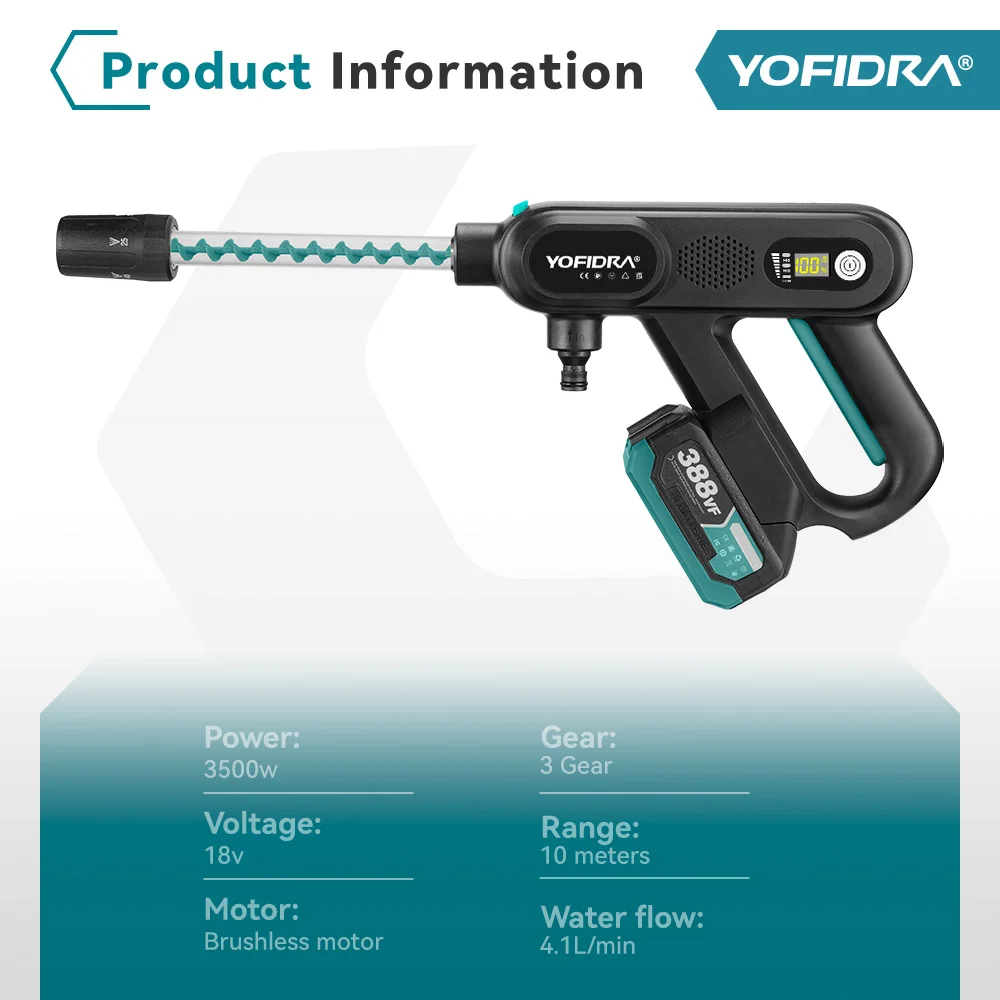YOFIDRA 250Bar Brushless High Pressure Car Washer Gun 3 Gear Electric Garden Washing Water Wash Spray Gun for Makita 18V Battery 5