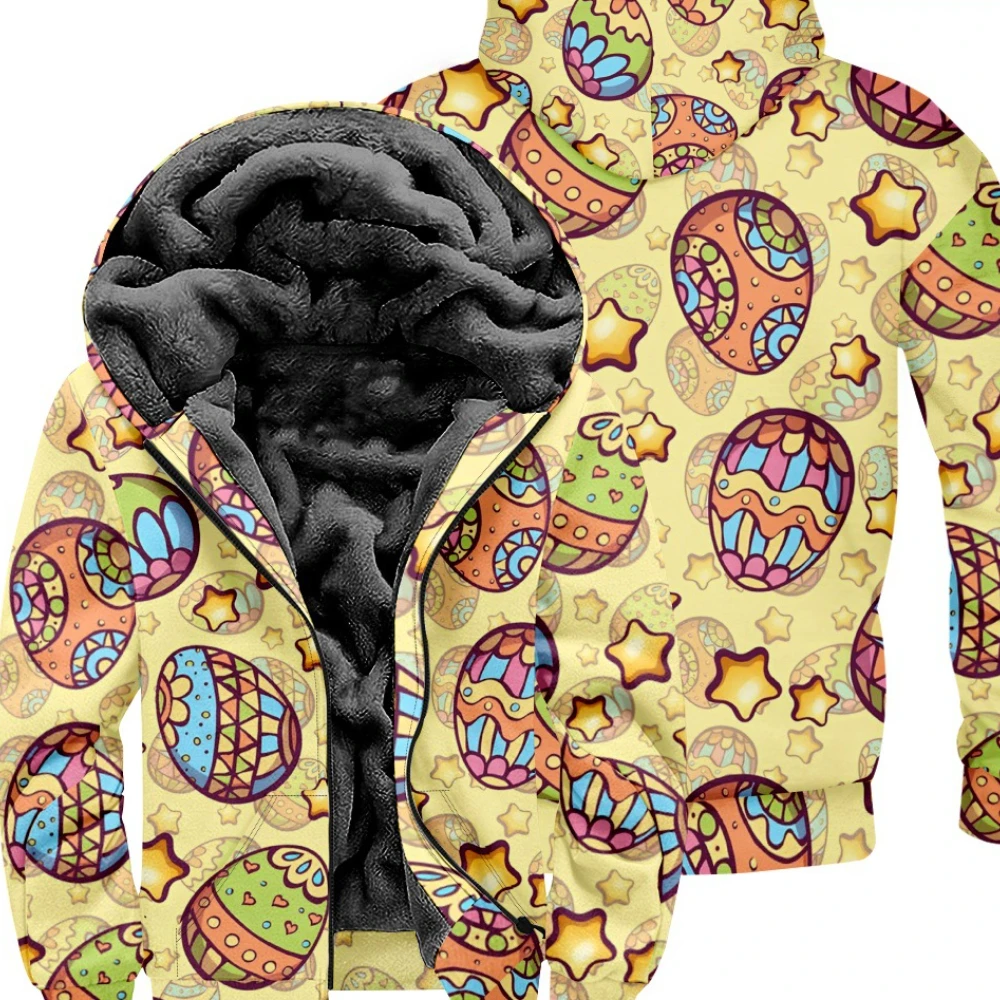 

Zipper Hoodies Cardigans Easter Eggs Pattern Printed Thick Kawaii Outdoor Home Wear Fleece Casual Streetwear Men Women Clothing