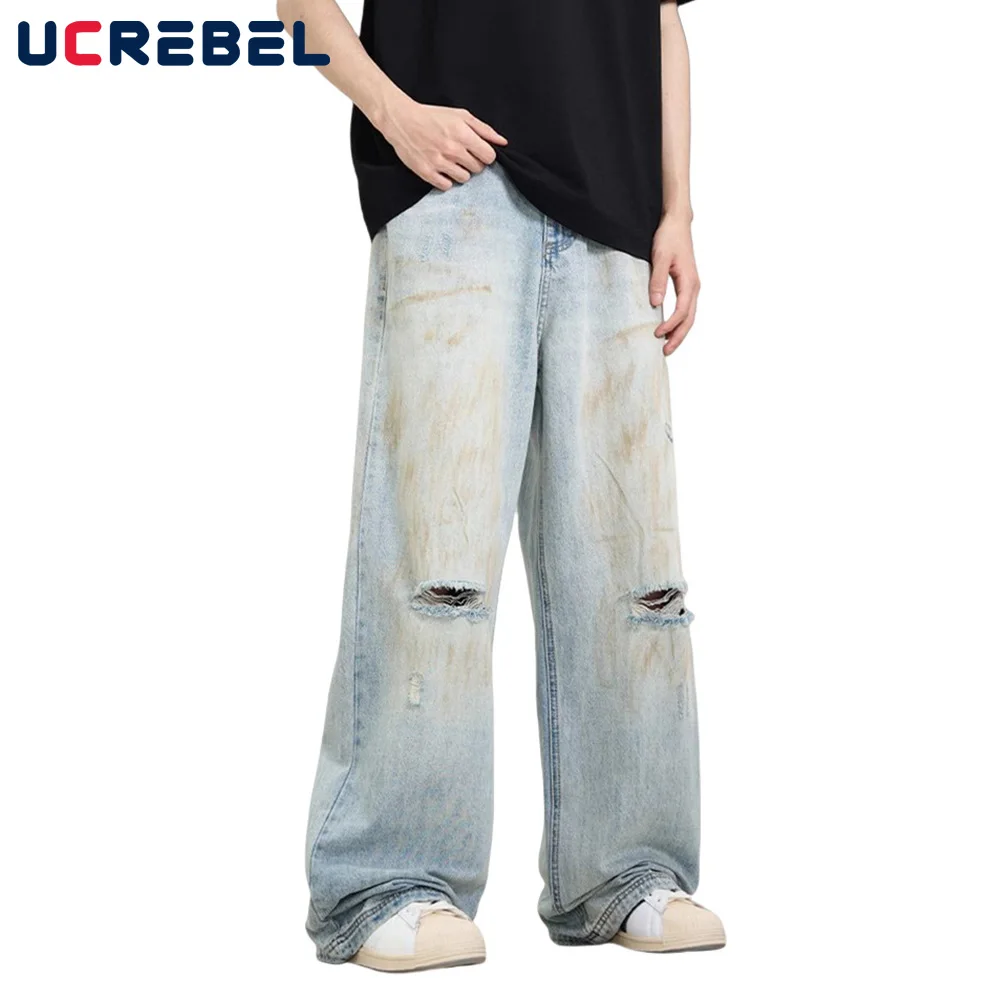 

Dirty Color Beggar Jeans Mens Ripped High Street Wide Leg Washed Distressed Loose Denim Trousers Men Pants