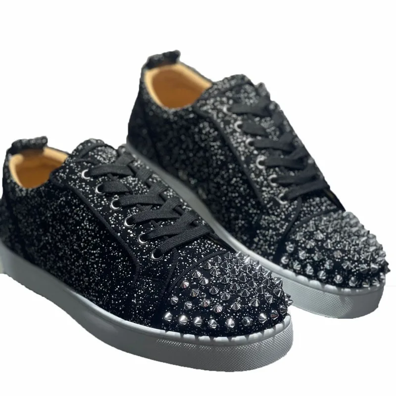 

Low Top Women Red Bottom Shoes For Men Luxury Trainers Driving Spiked Bar Silver Rivets Black Glitter Genuine Leather White Sole