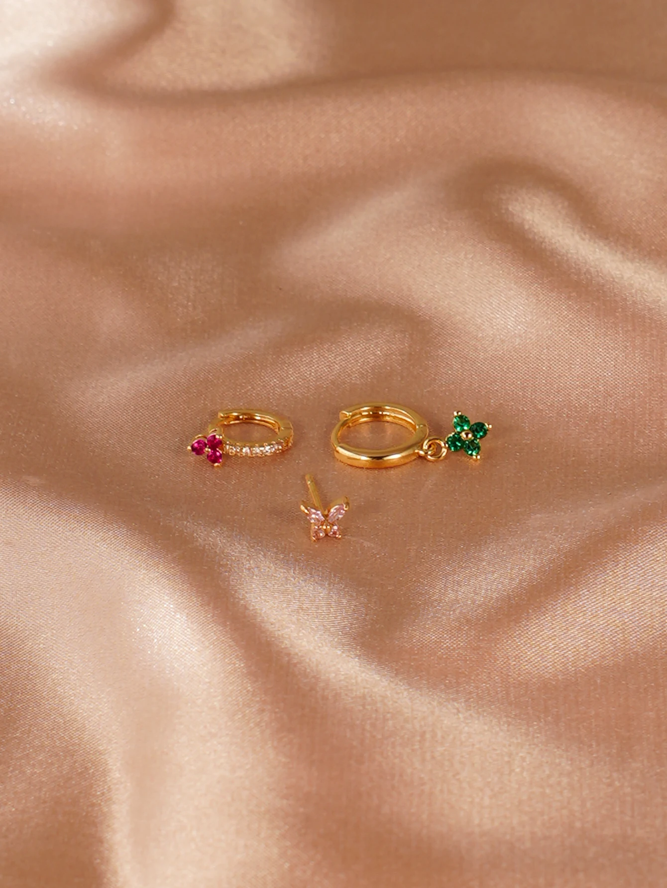 3pcs Retro Color Synthetic Zircon Set with Butterfly Flower Design Earrings