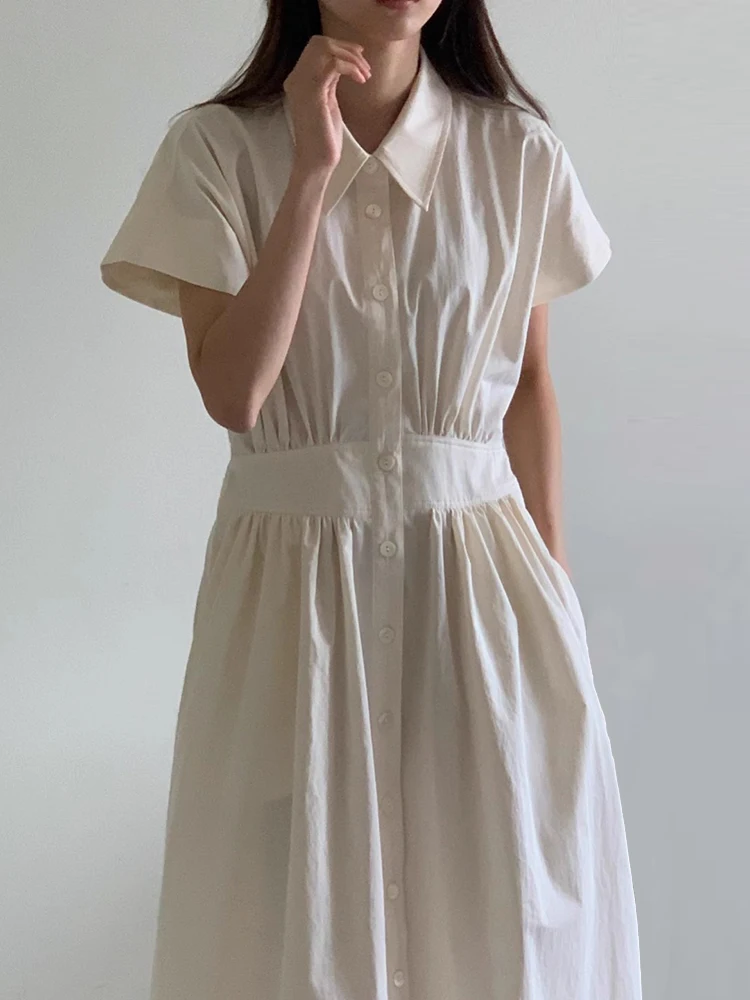 우아한 여름 폴로 칼라 싱글 브레스트 프릴 허리 장착 플라이 슬리브 셔츠 드레스 여성을위한 간단한 품위있는 스타일 
