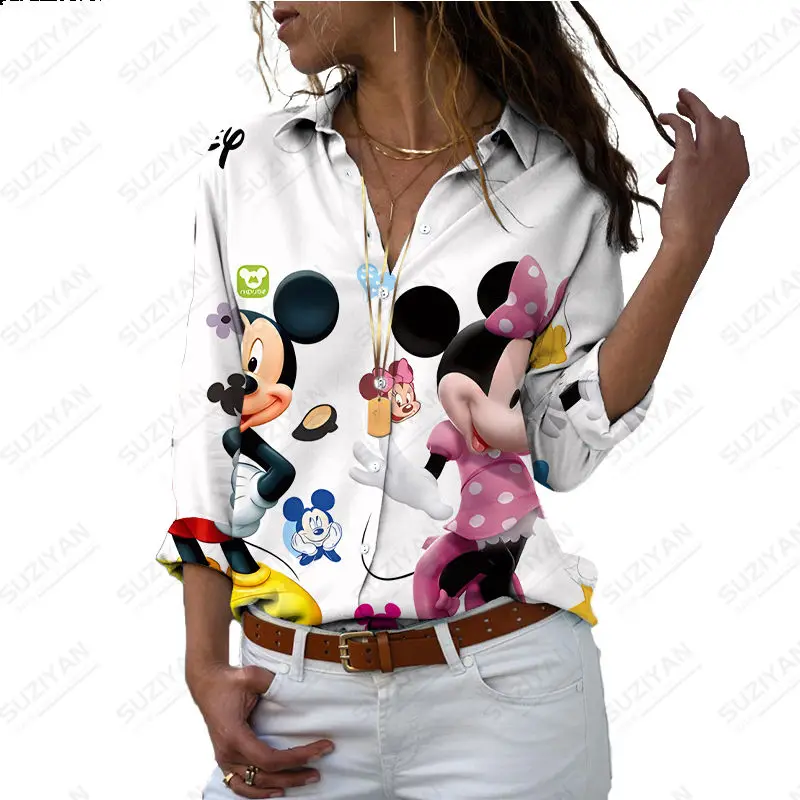 

Spring 2023 New Disney White Series 3D Print Women's Button Long Sleeve Polo Mickey Minnie Donald Duck Casual Cute Shirt Y2K Top