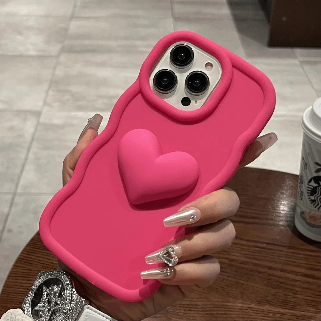 Cute 3D Love Heart Silicone Wavy Back Phone Case