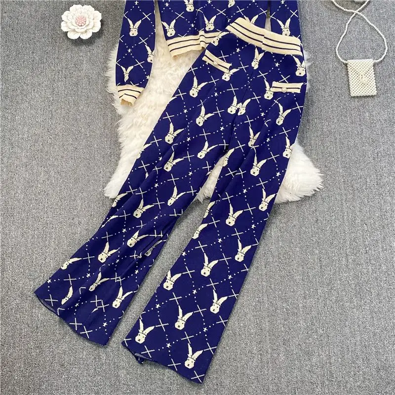 2024 Spring Autumn Knited Two Piece Set Women Clothing Sets Casual Long Sleeve Sweater Cardigan + Wide Leg Long Pants Suits