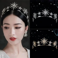 Vintage European 6-Point Star Wedding Crown Tiaras Gold Rhinestone Hair Jewelry Princess Women Headband Bridal Hair Accessories 1