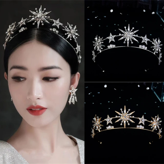 Vintage European 6-Point Star Wedding Crown Tiaras Gold Rhinestone Hair Jewelry Princess Women Headband Bridal Hair Accessories 1