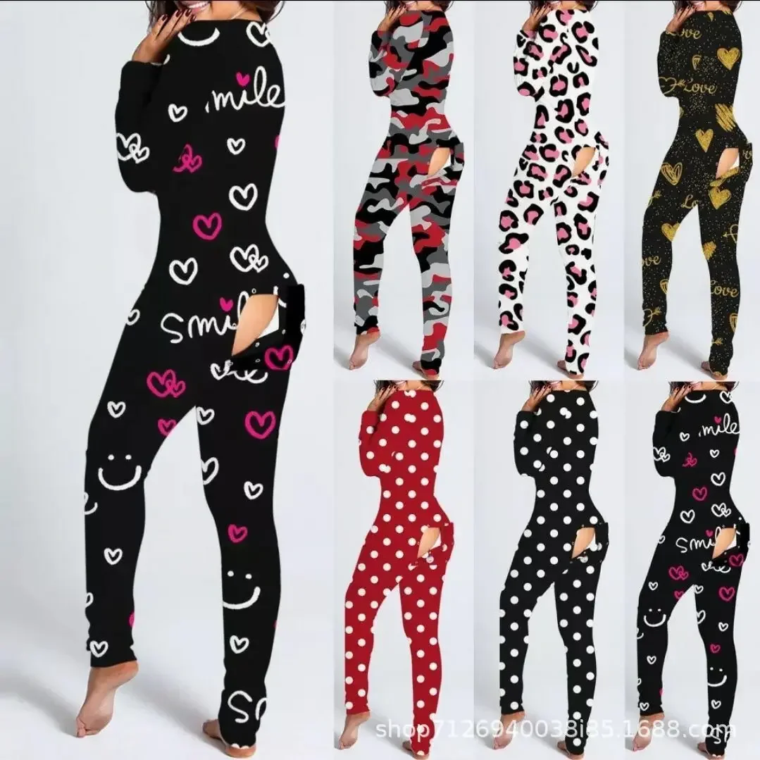 Women Home Wear Jumpsuit Printed Button-type Button-flip Adult Pajamas Long Sleeve Overall