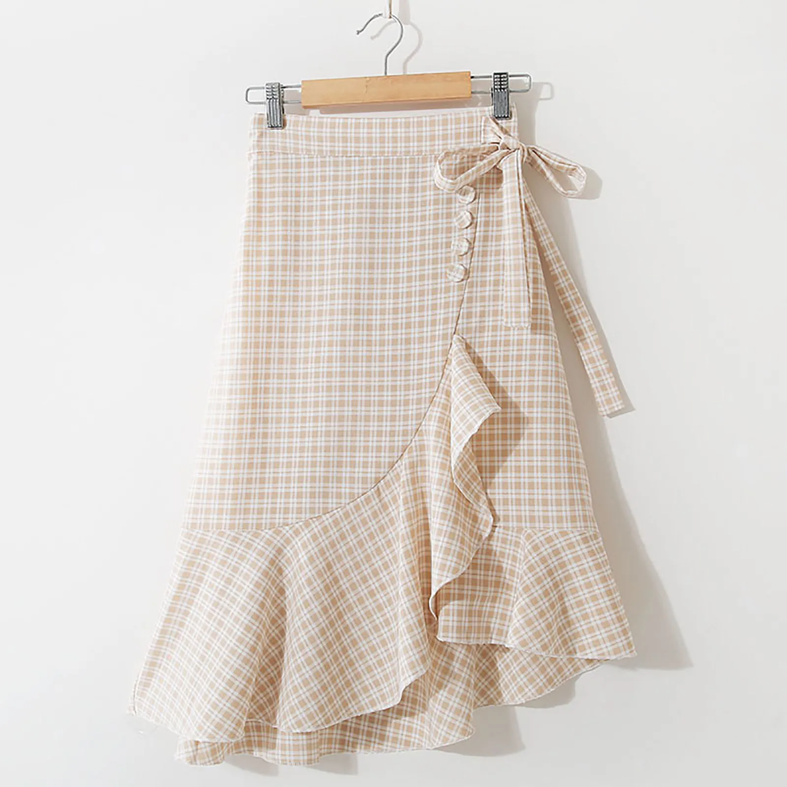 

Fashion Skirts Women 2024 Summer Elastic High Waist Plaid Mid length Asymmetric Ruffle Skirt Female Autumn Office Wear faldas