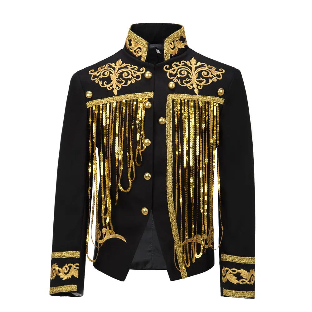 Steampunk Men's Jacket DJ Dancer White Men Costumes Black and Gold Blazer Sequin Tassels Performer