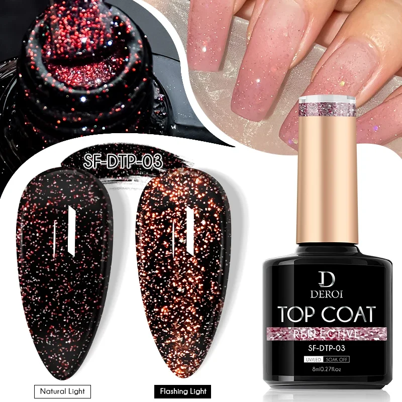Description Picture 6 of itemDEROI Top Coat Flash No Wipe Top Coat Glitter Sliver Glossy Topcoat Aurora Varnish Soak Off Flake UV Gel Polish Nail Art