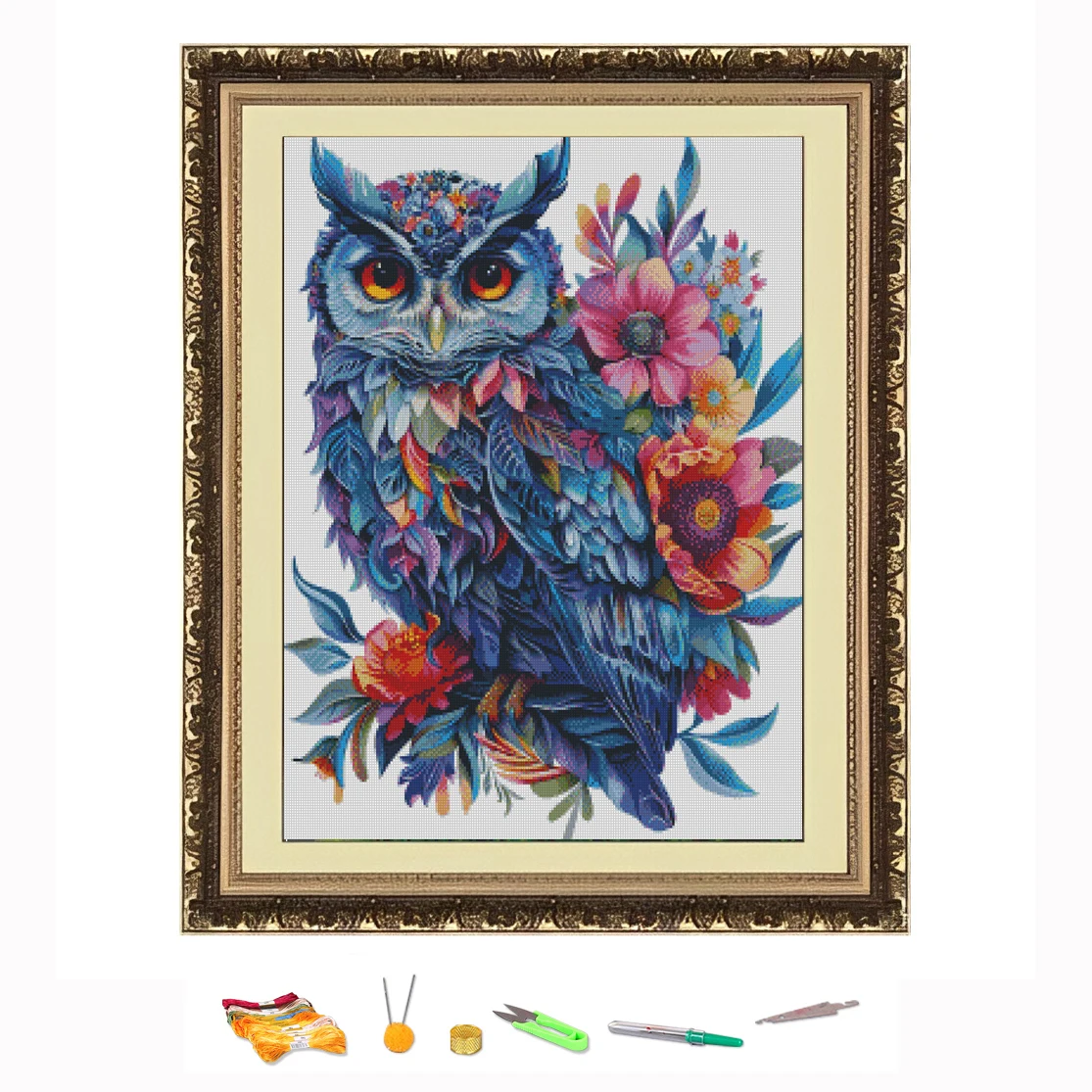 Cross Stitch Embroidery Kit Owl and Flower Style Thread Drawing DIY Needlework Kit Quantity Printed on Canvas11CT