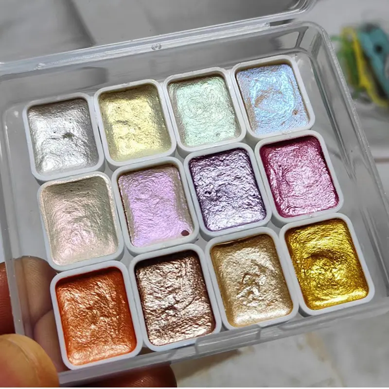 12 colors solid watercolor paints set watercolor painting set,watercolor paint,watercolor pigment Textured Pearlescent Pigment Metallic Glitter Acuarela Suit Portable Art Supplies