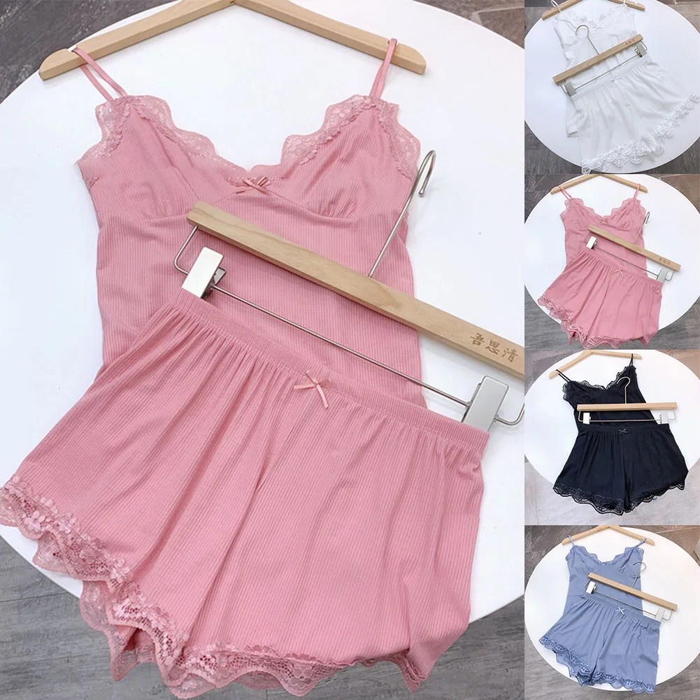 Womens Sexy Suspender V-neck Sleeveless Lace Trimmed Two-Piece Set Solid Home Comfortable Shorts Suit Female Sleepwear Pants Set