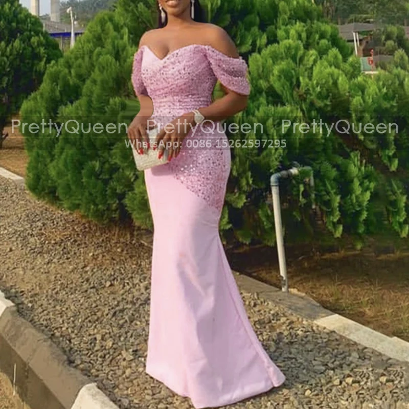 

Luxury Sequins Beads Bridesmaid Dresses For Women Off Shoulder Mermaid Light Pink Long Sheath Wedding Party Dress