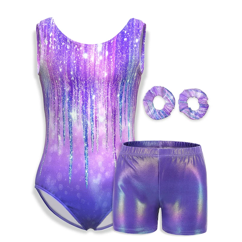 Girls Four-Piece Gymnastics Leotards Fashion Print SleevelessTank Dancewear with shorts and headband children dance leotards gymnastics dancewear sets