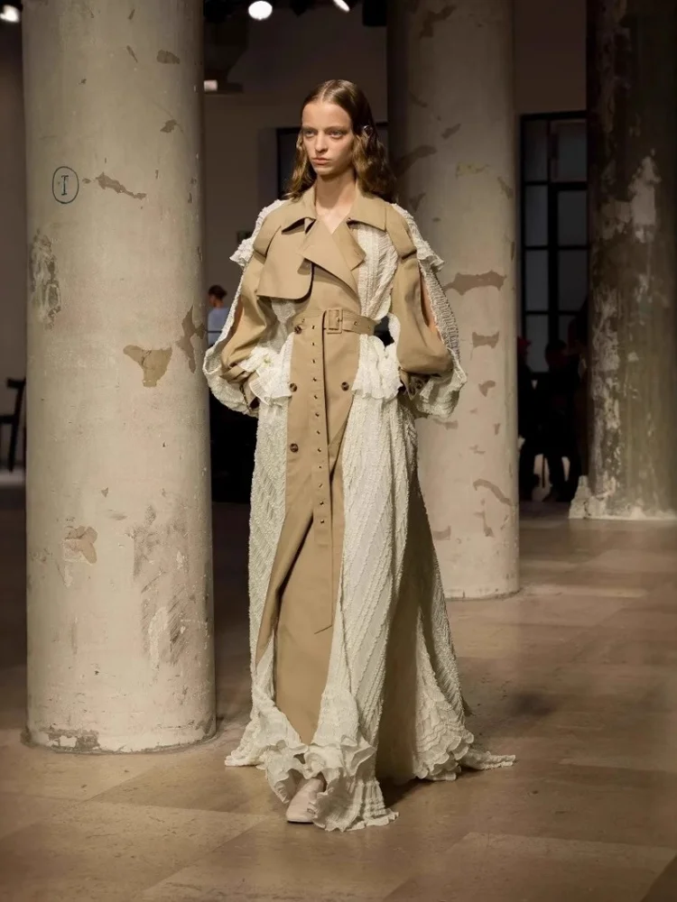 Wmstar Coat Women Wholesale 2025 New Design Sense of Niche Lace Trim Patchwork High End Cinched Waist Slimming Long Suit Trench