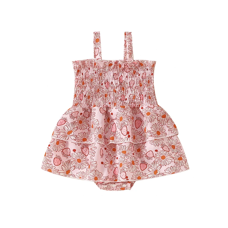 

Baby Girl Romper Dress Cute Daisy Strawberry Spaghetti Strap Layered Hem Jumpsuit Toddler Summer Clothes