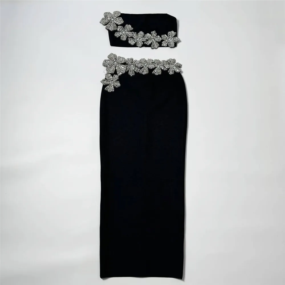 2024 Two Pieces Sets Sexy Beading Strapless Top Long Skirt Women Bodycon Clothing Elegant Party Bandage Sets 3