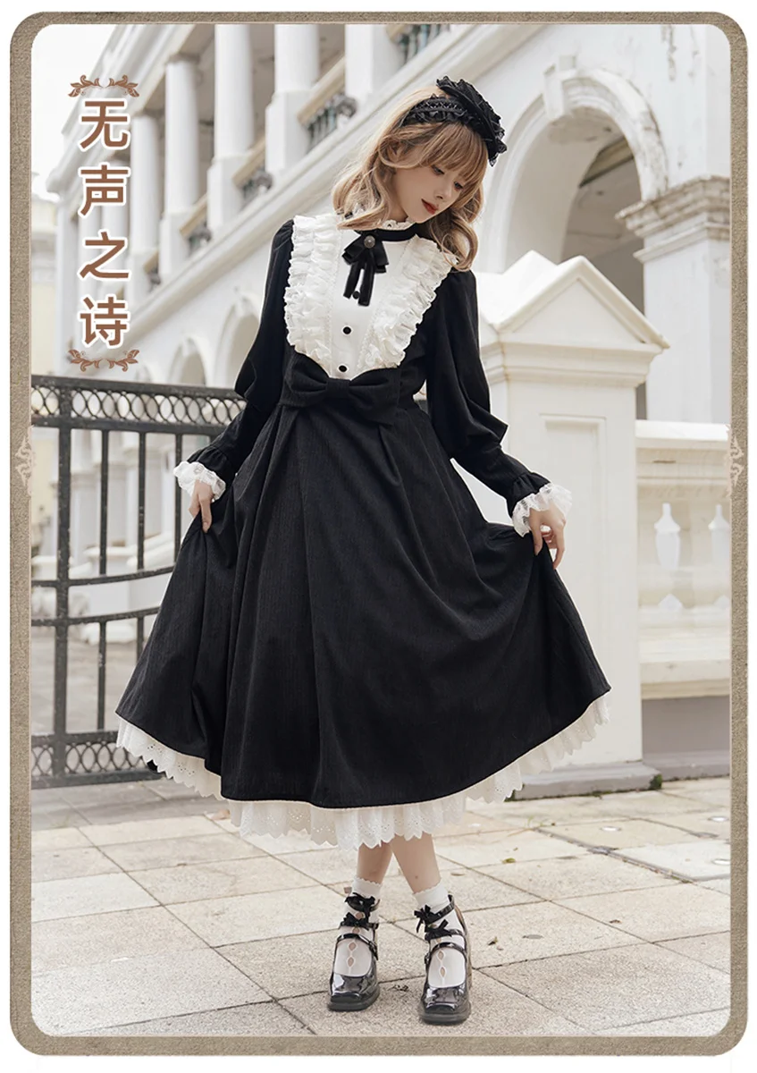

French Gothic Style Cosplay Lolita Helloween Elegant Op Cute Girls Winter Warm Pearls Ribbon Bowknot Puff Sleeve Sister Dress