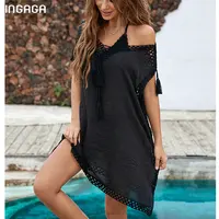 INGAGA Sexy V-neck Dress Woman Summer Beach Cover Up 2022 Hollow Out Tunics Black Beachwear Tassel Women’s Swimsuit New Suit