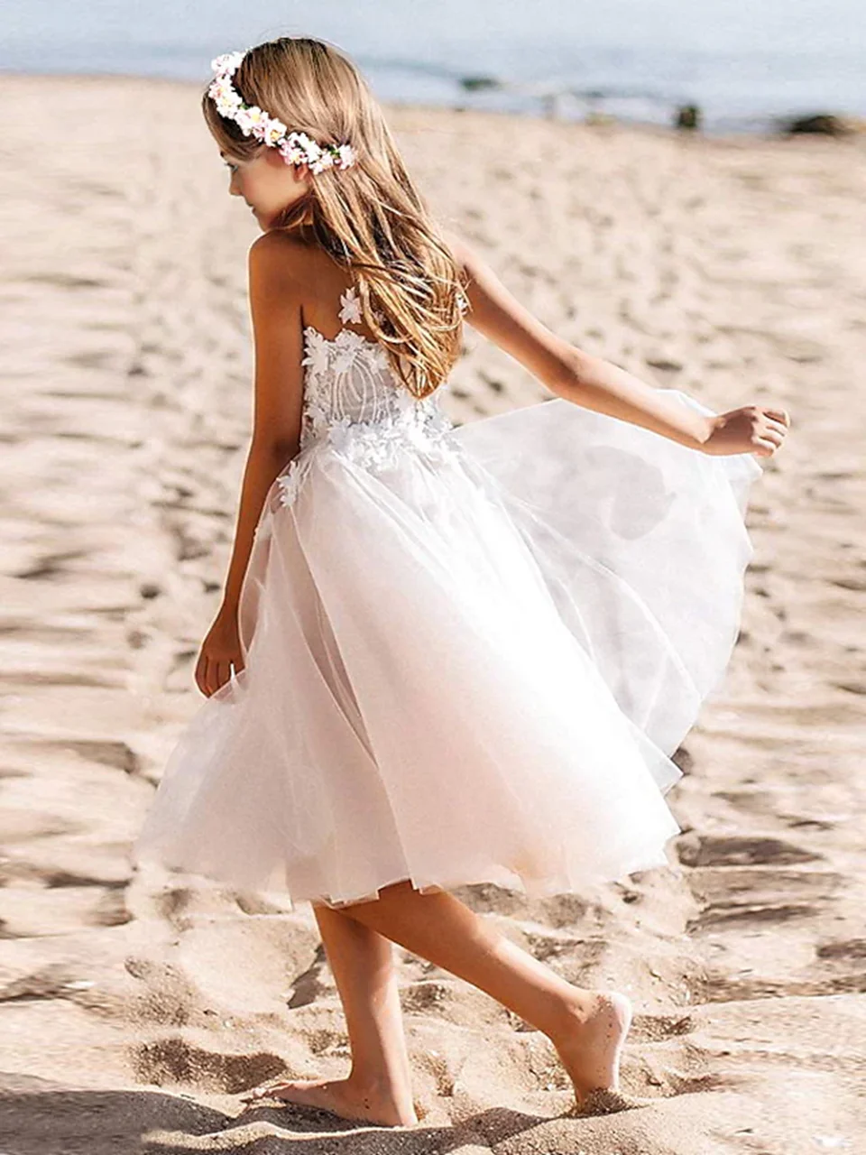 Off The Shoulder Scoop White/Ivory Flower Girl Dresses For Wedding 2022 Elegant Tulle Lace Appliques Beach Party Dress With Kids