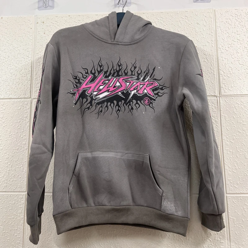 

Real Photos HELLSTAR Hoodies Flame Retro Do Old High Street Hoody Pink Letter Sweatshirts Hell Star Pullover