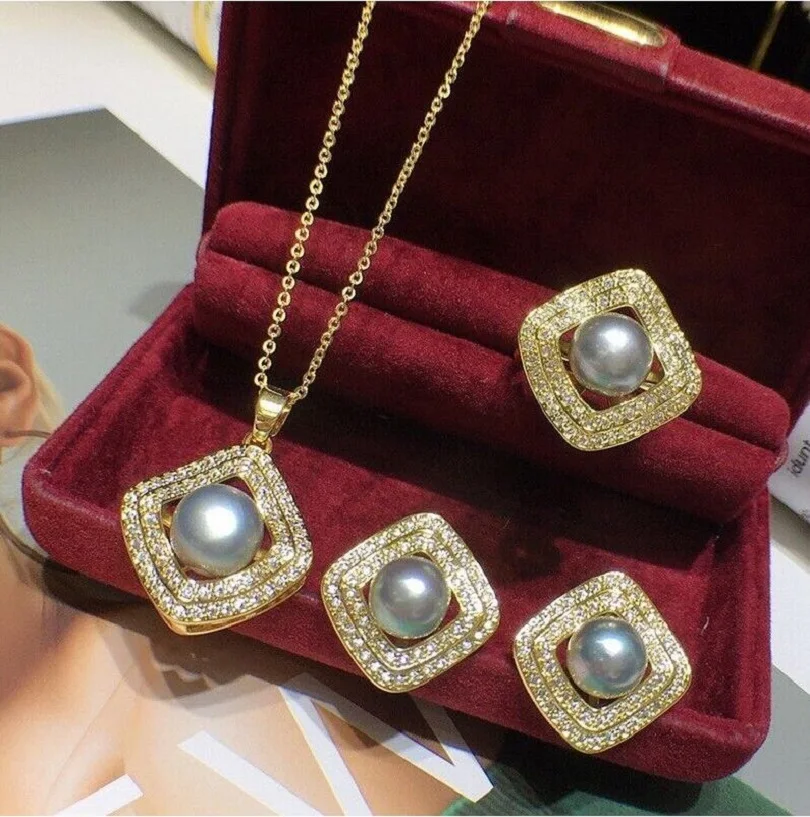 

Gorgeous AAAA 8-9mm South China Sea Grey Earstuds Pearl Pendant Earring Set 925s-