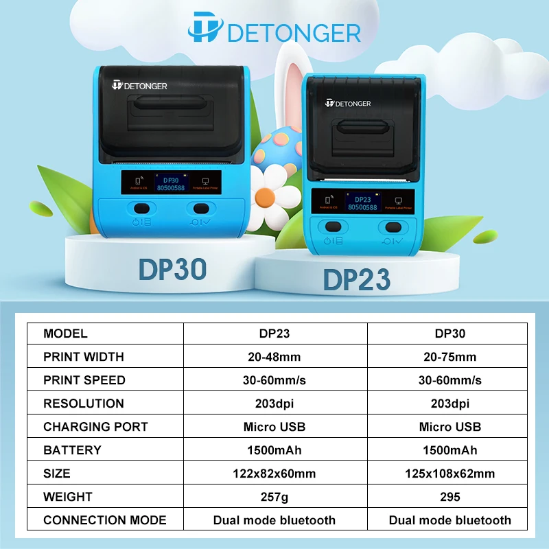 portable photo printer DETONGER DP23S/DP30S Multifunctional Wireless BT Mobile Thermal Printer Barcode Label Maker for Android iOS mini printer peripage