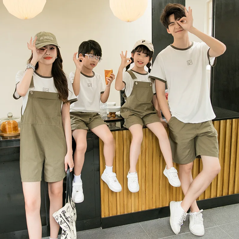 

Family Matching Clothes Mother Daughter Tee Shirt Overalls Sets Father Son T Shirts Shorts Outfits Korean Parent-child Clothing